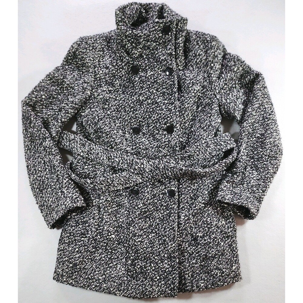 Calvin Klein Wool Blend Tweed Belted Coat Womens Medium Black White Pea Coat